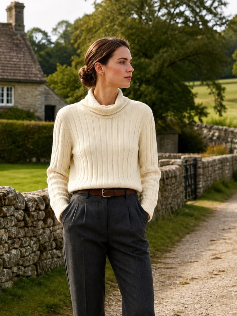 Neiman Marcus Wool and Cashmere Blend Cowl Neck Ribbed Sweater